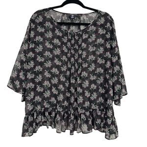 Anna Sui Black Ditsy Floral Blouse Womens L Sheer Boho Peplum Long Sleeve Top